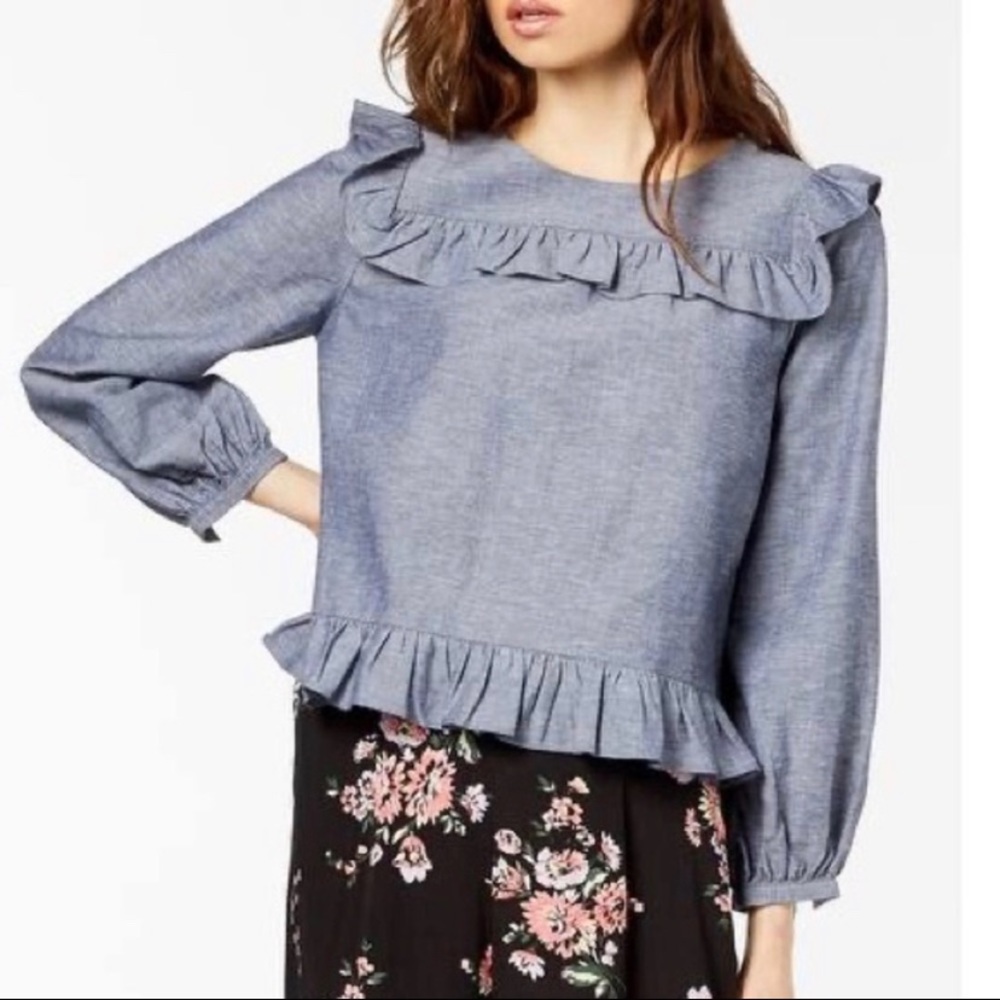 JILL JILL STUART Chambray Ruffle Linen Blouse XS